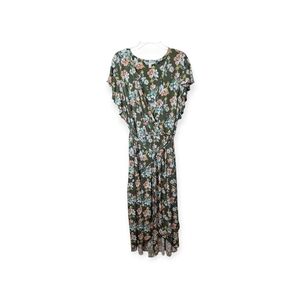 Cato Green Floral Midi‎ Wrap Dress Women's 26/28W V-Neck Tie Waist Hi Low Hem